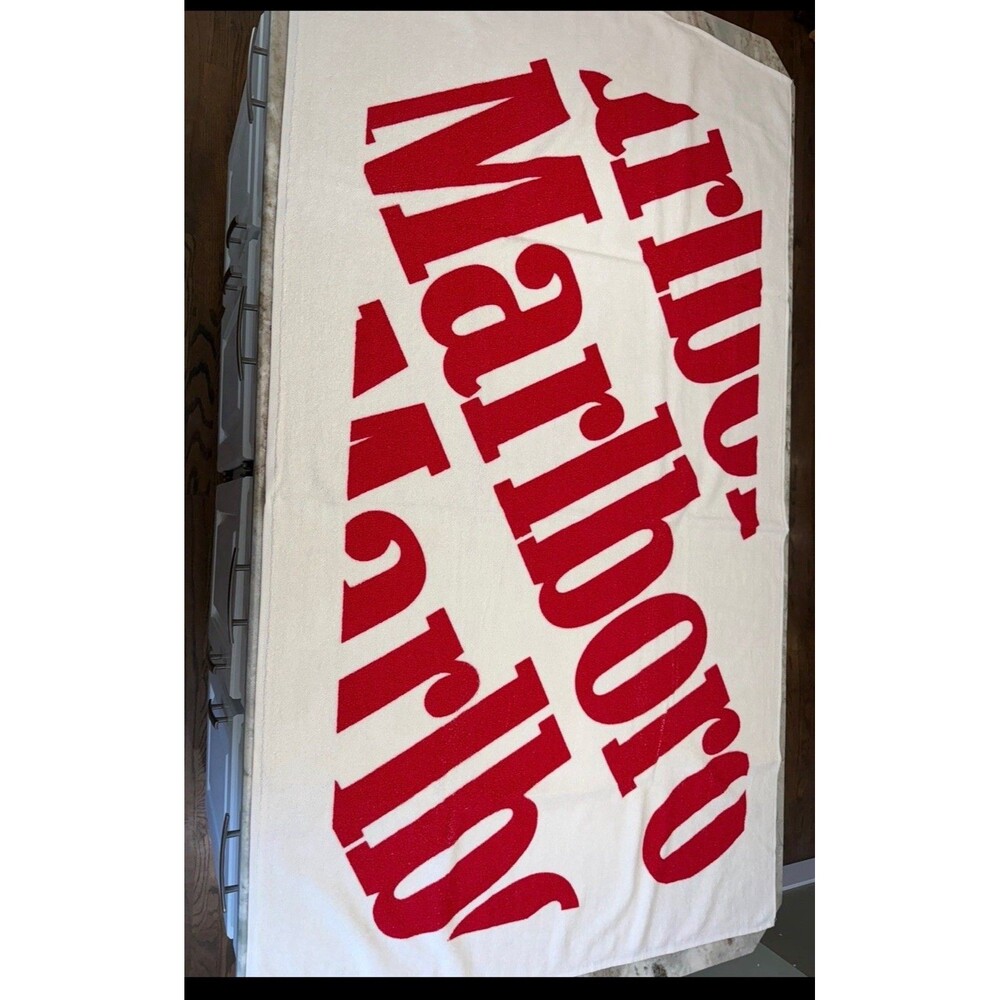 Vintage 1990s Marlboro Beach Towel/White With Red Letters 56” x 34” USA NEW RARE